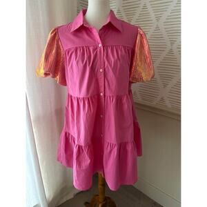 Peach Love Women’s Large Pink Sequined Bubble Sleeve Tiered Ruffled Shirt Dress